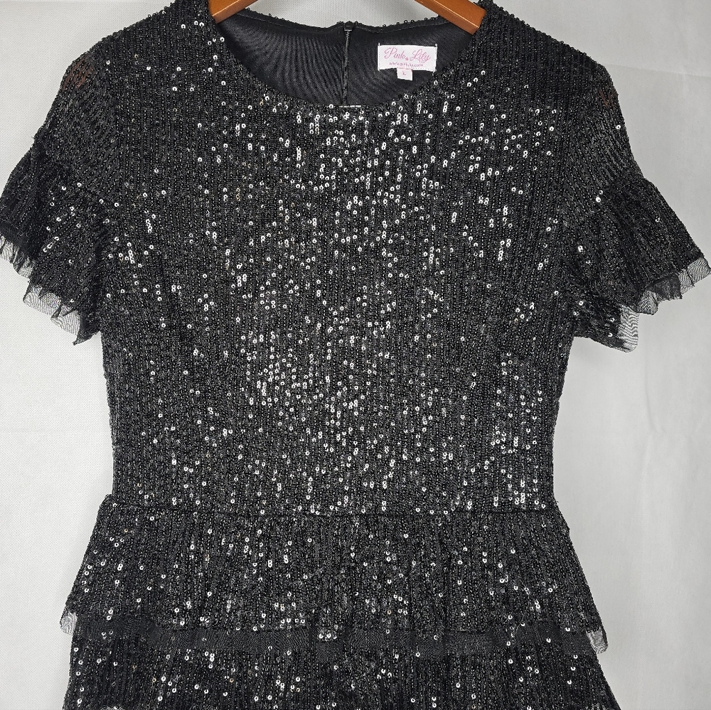 Pink Lily Sequin Peplum Top Black Short Sleeve Back Zip Party Holiday Blouse L